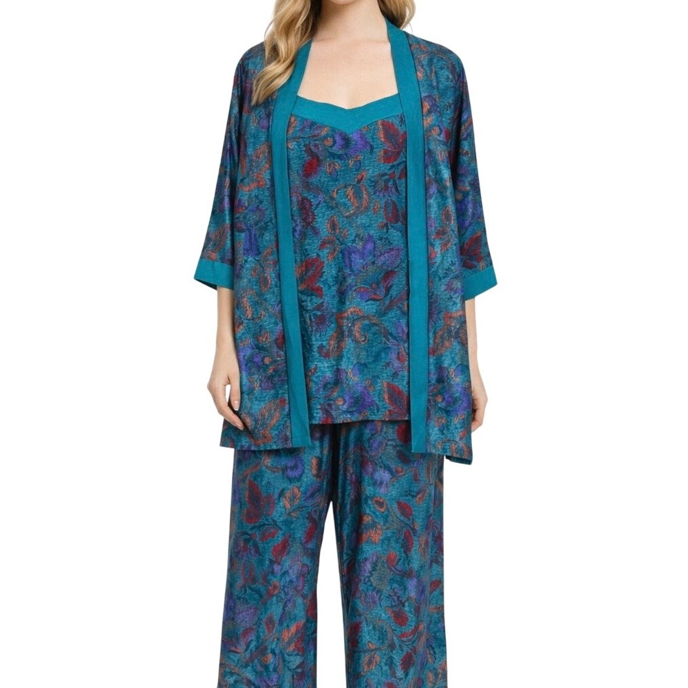 Vintage Vandemere 3 Piece Pajama Set‎ Robe Camisole Pants Teal Floral Medium